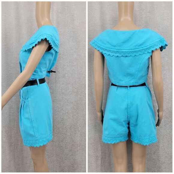 Paris Sport Club Vintage Denim Turquoise  Crop Top and High Waisted Shorts Set - Picture 2 of 16